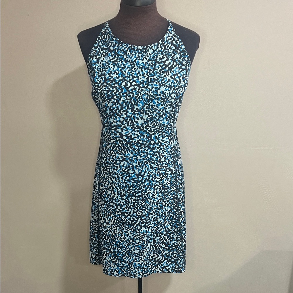 Athleta Black and Blue Abstract Halter-Style Mini Dress